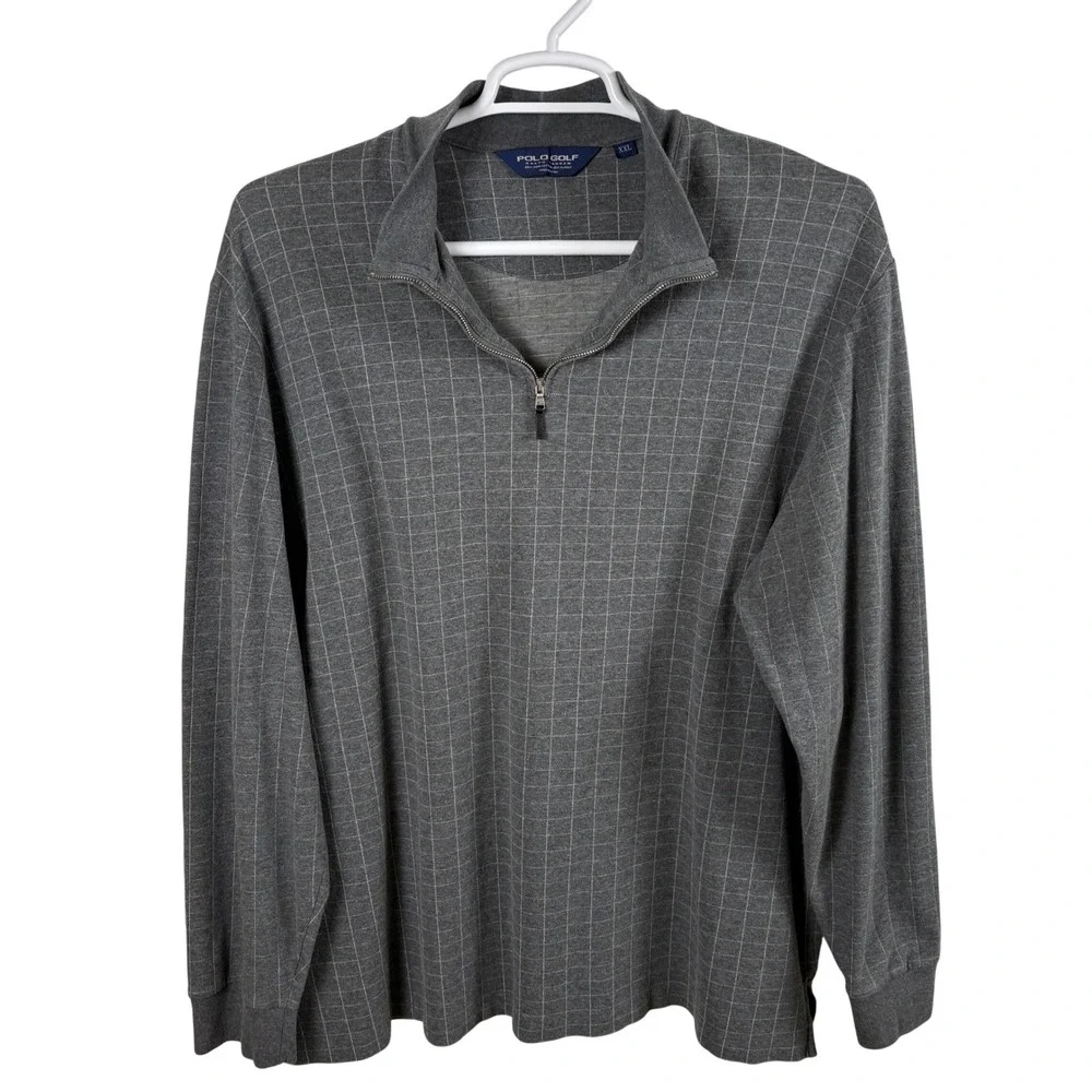 Polo Golf Ralph Lauren 1/4 Zip Pullover XXL Gray Pima Cotton Alpaca Grid Preppy
